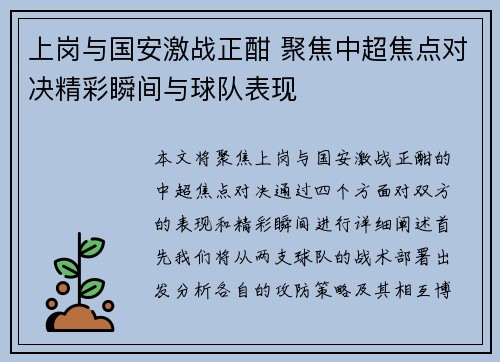 上岗与国安激战正酣 聚焦中超焦点对决精彩瞬间与球队表现